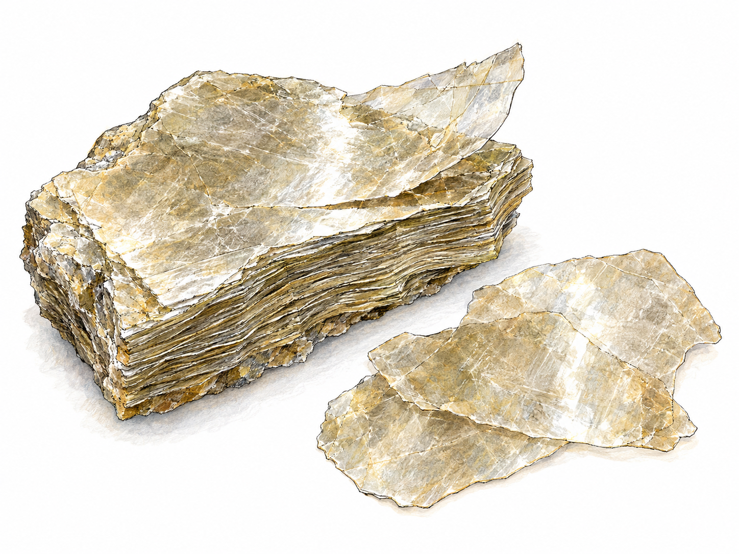 A close-up of a pale golden mica specimen with visibly stacked, glinting layers and several wafer-thin translucent sheets separated beside it.