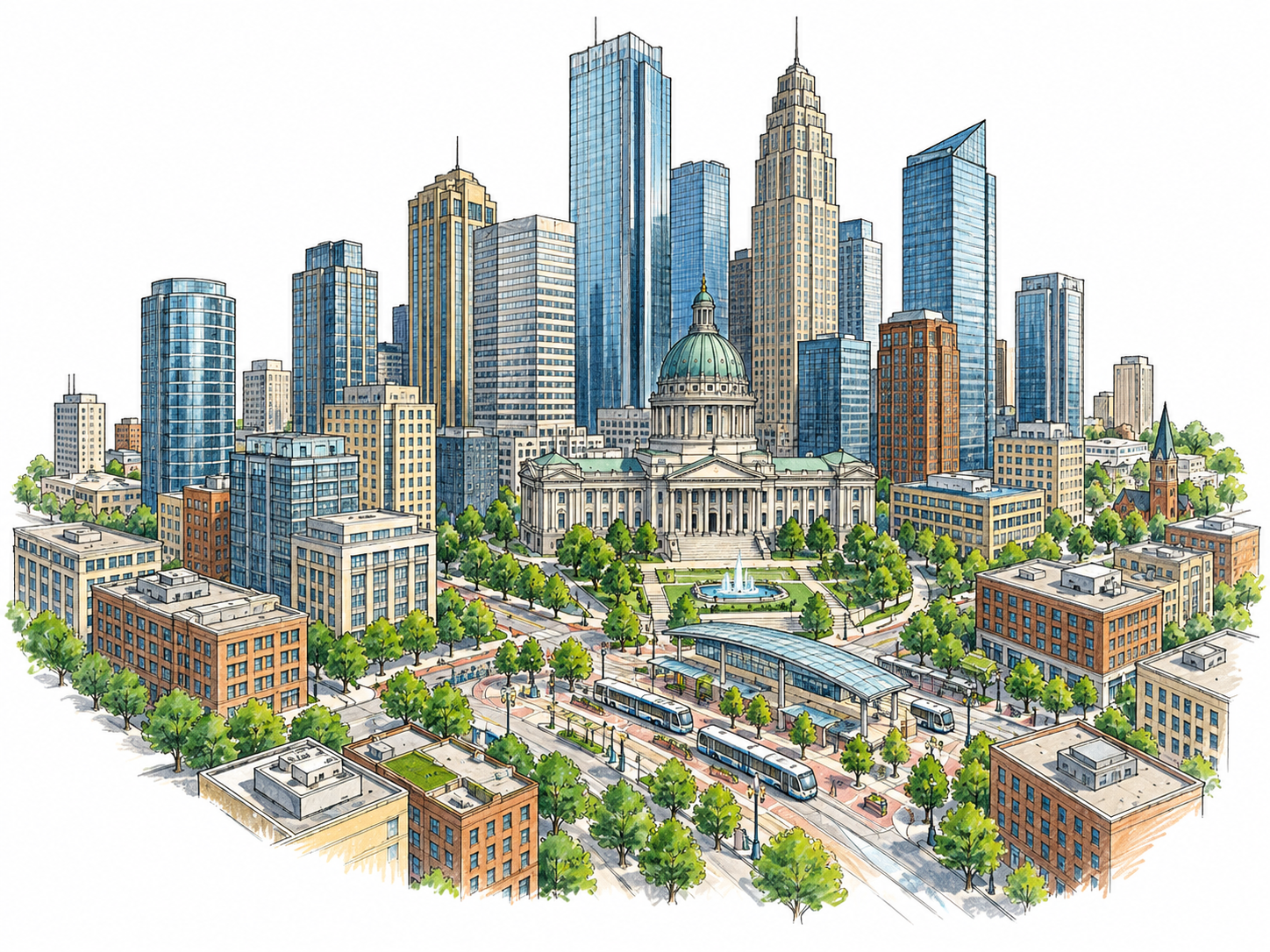One large important city core: compact cluster of tall towers around civic domed building and busy small transit plaza, single unified downtown with surrounding shorter buildings.