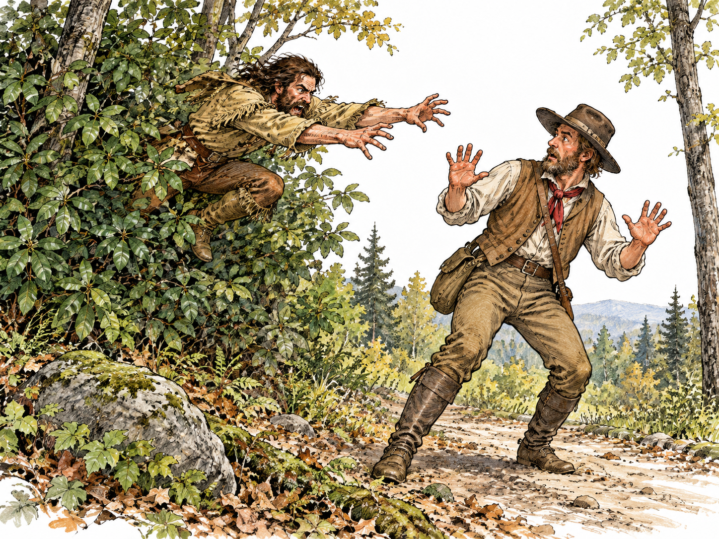 An adult white frontier ambusher lunges unexpectedly from behind dense bushes toward an adult traveler, who startles and raises his hands.
