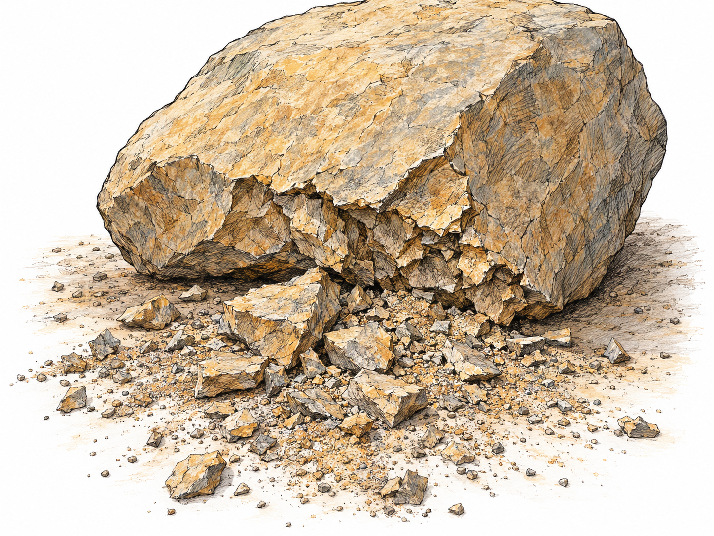 A weathered, crumbling rock with a loose apron of detached chips, grit, and dust gathered beneath its visibly eroded edge.