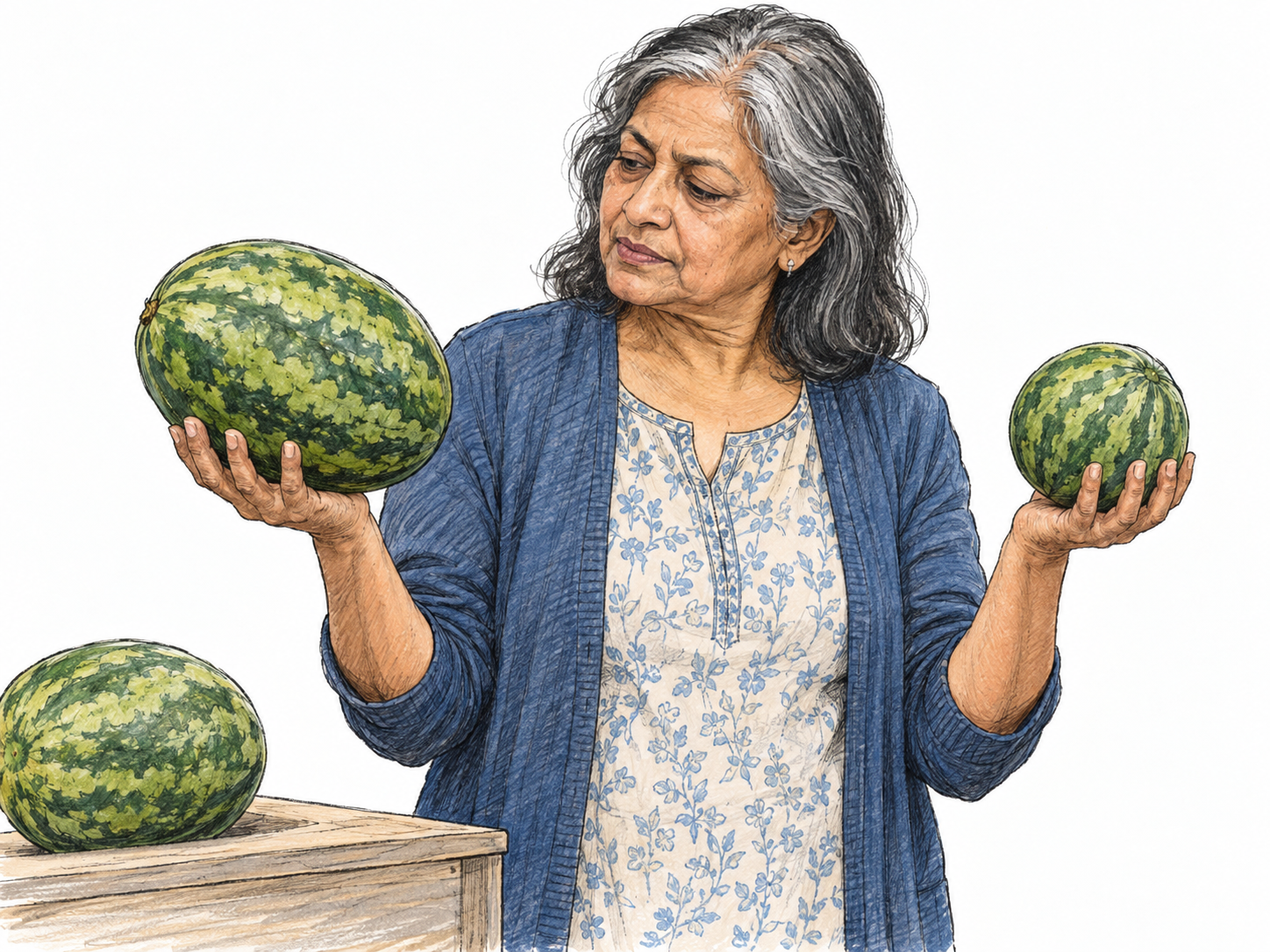 An older woman roughly judges a large watermelon's weight by hefting it and comparing it with a smaller melon in her other hand, without a scale.