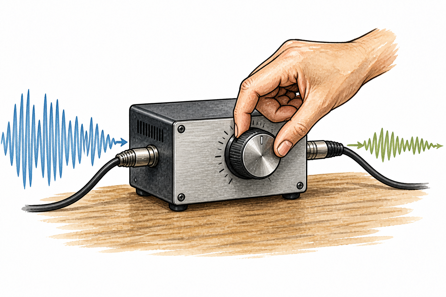 A sound modulation device on a desk with knob and input/output waveforms showing controlled changed amplitude, no branding.