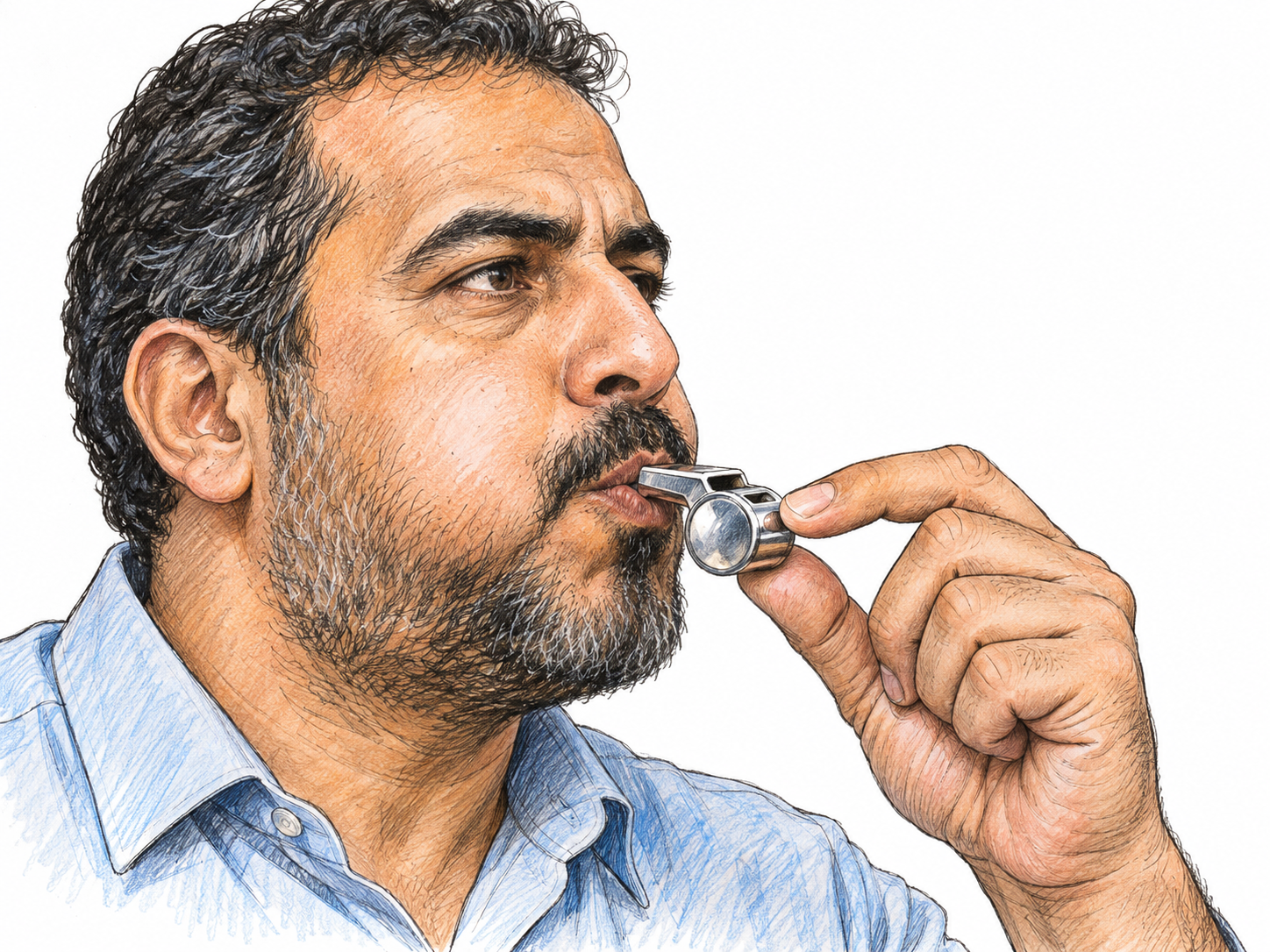 A close view of a man actively blowing a small metal whistle, with its mouthpiece between his lips and its sound opening clearly visible.