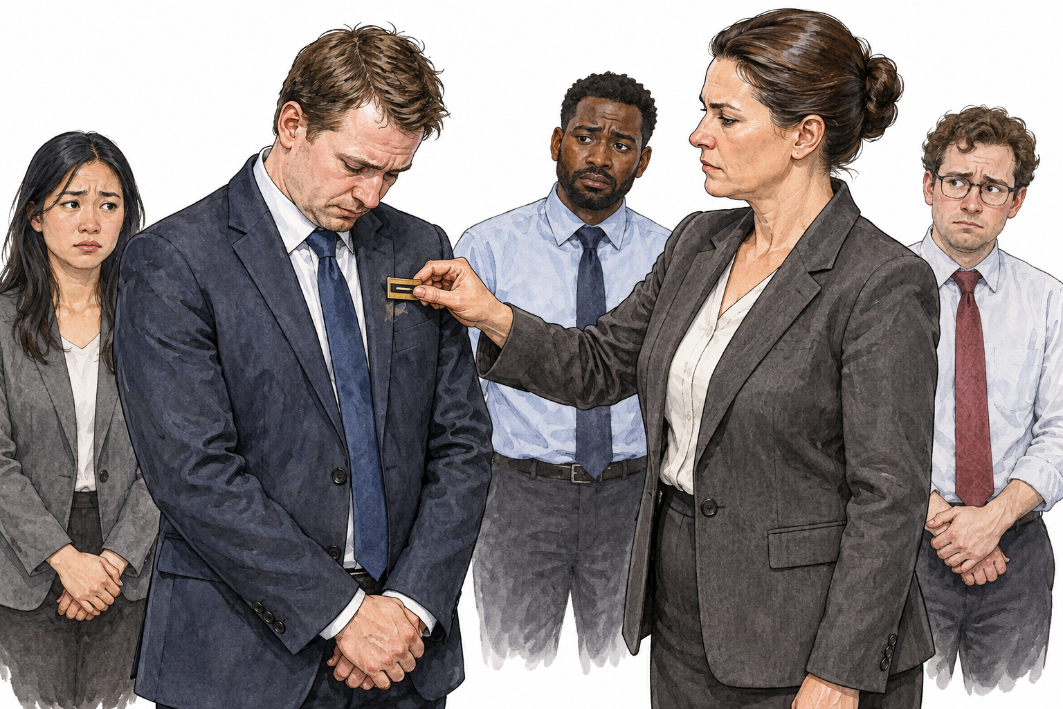 Office supervisor publicly strips a white male manager's rank badge while others look uncomfortable; man shoulders slump in humiliation, no violence.