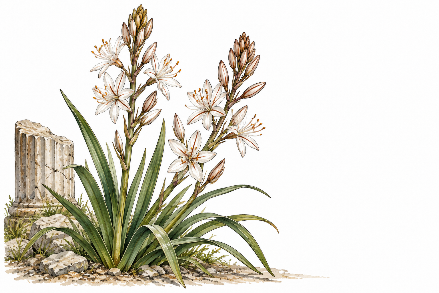 Close botanical asphodel plant with white six-petaled star flowers and brown petal stripes on branched stems, long basal leaves, subtle Greek column fragment.