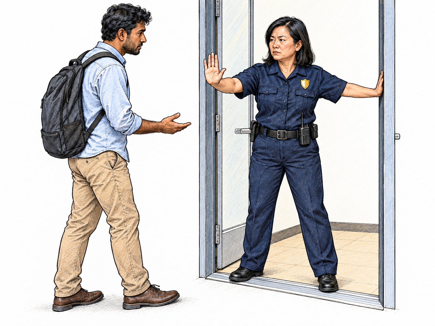 A security attendant denies a visitor access through an entrance.