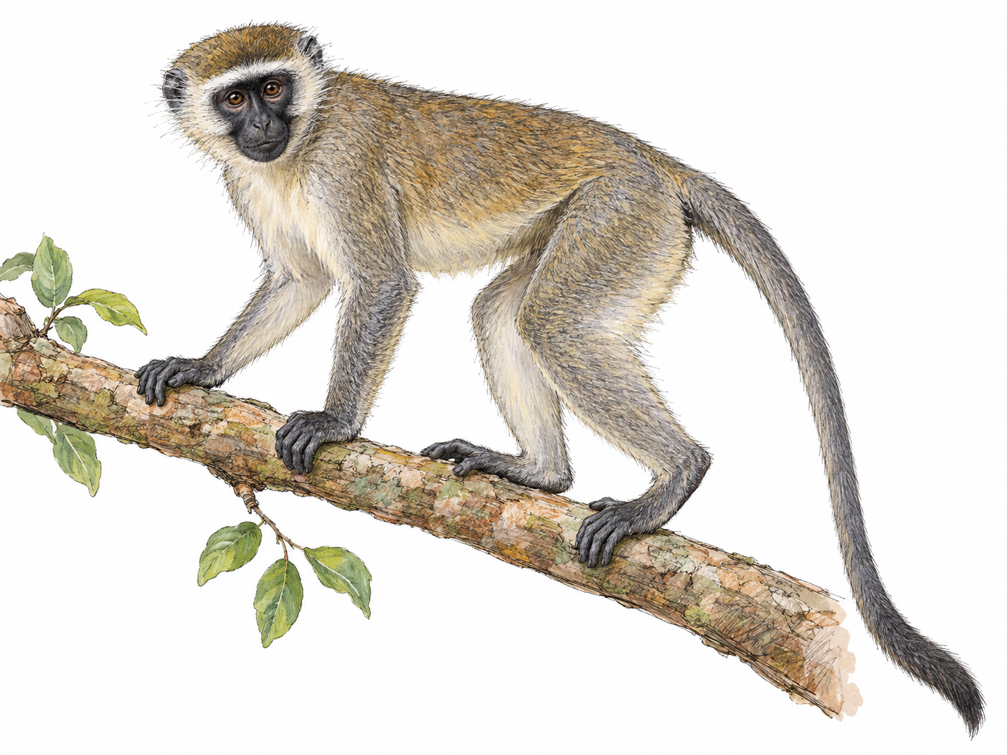 A single long-tailed vervet monkey balancing on a simple tree branch, with its face, grasping hands and feet, agile limbs, and full tail clearly visible.