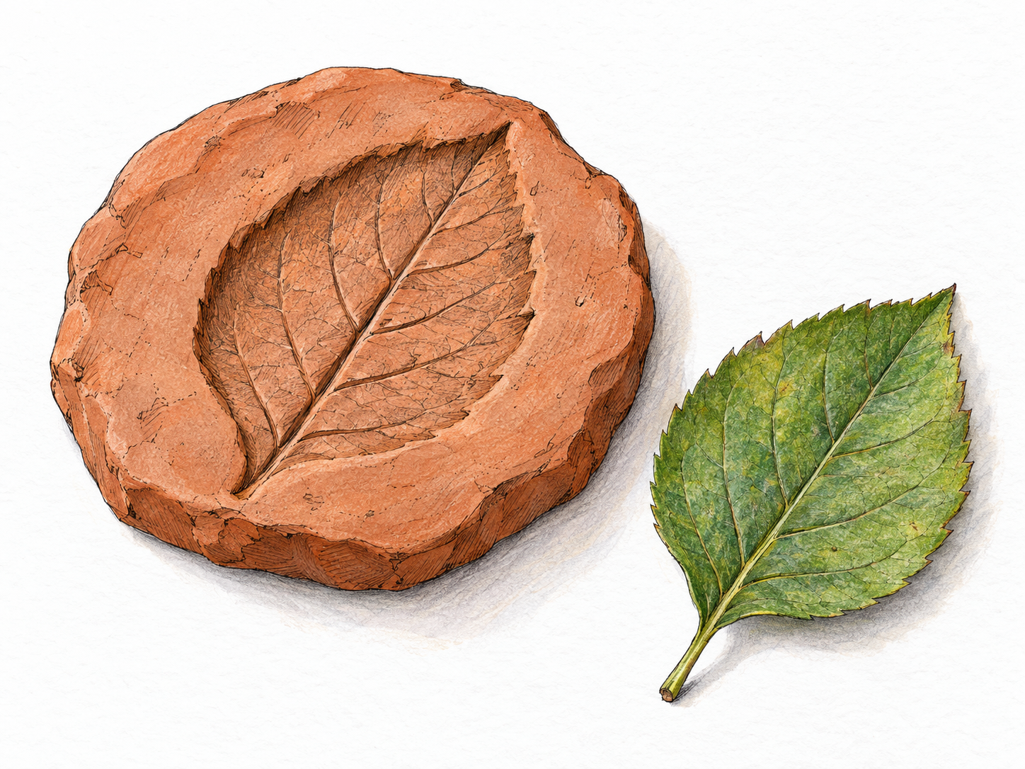 A shallow slab of soft clay bears a clear recessed leaf imprint, with the matching leaf resting beside it to show the mark left by pressure.