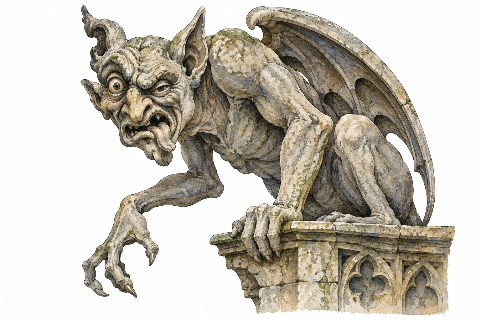 Fantastical grotesque carved stone gargoyle with exaggerated twisted face and asymmetrical limbs, architectural ornament.