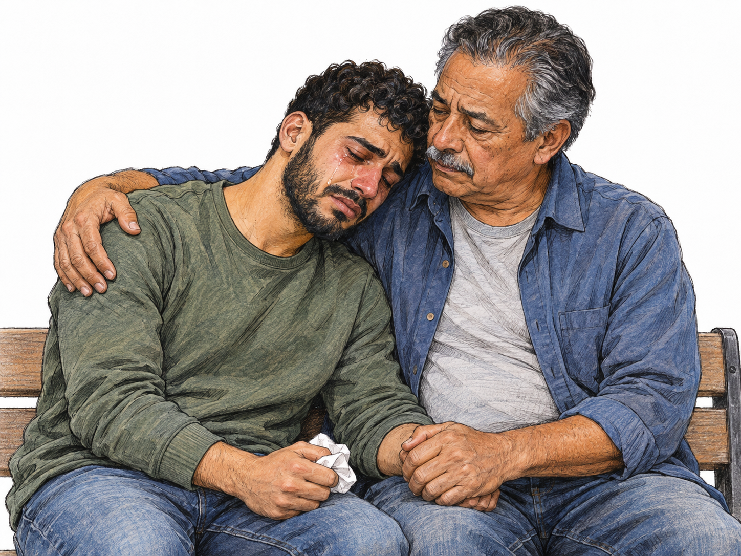 A tearful young man finds comfort in an older friend's steady embrace, resting against his shoulder while holding his hand.
