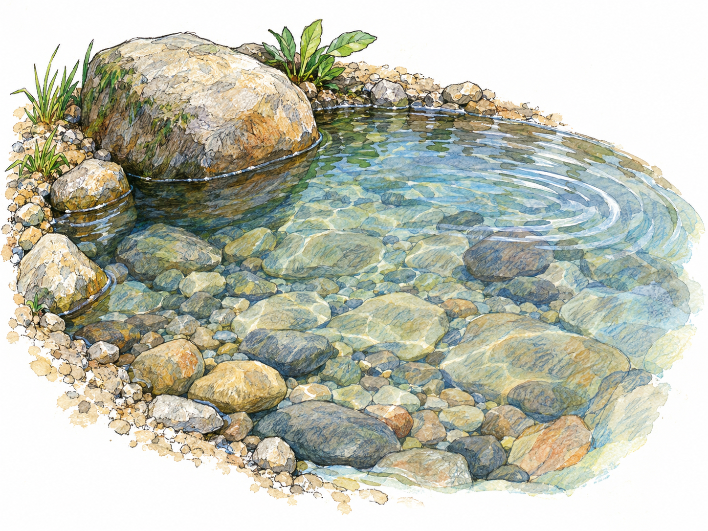 A shallow pool of exceptionally clear water, with submerged pebbles sharply visible beneath a few delicate surface ripples.