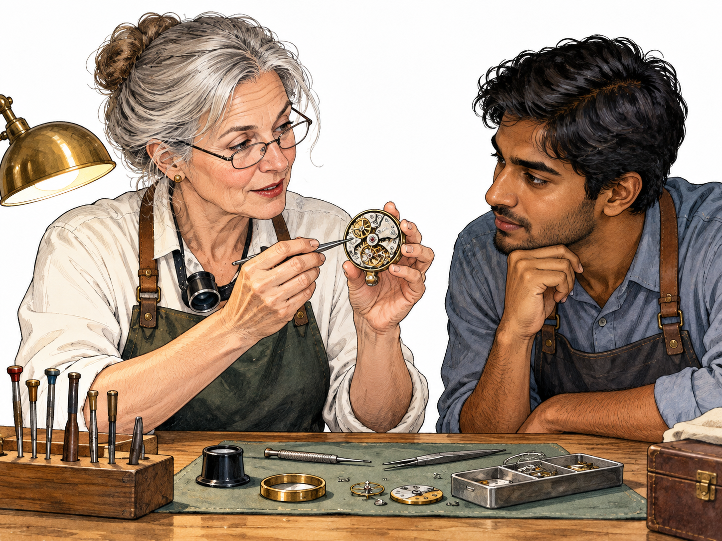 An experienced watchmaker confidently explains a mechanism to an attentive apprentice, showing recognized expert knowledge through precise work.