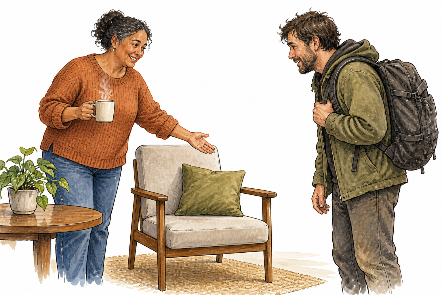 A welcoming adult kindly offers a chair and warm drink to a tired visitor, considerate treatment clear in gesture.