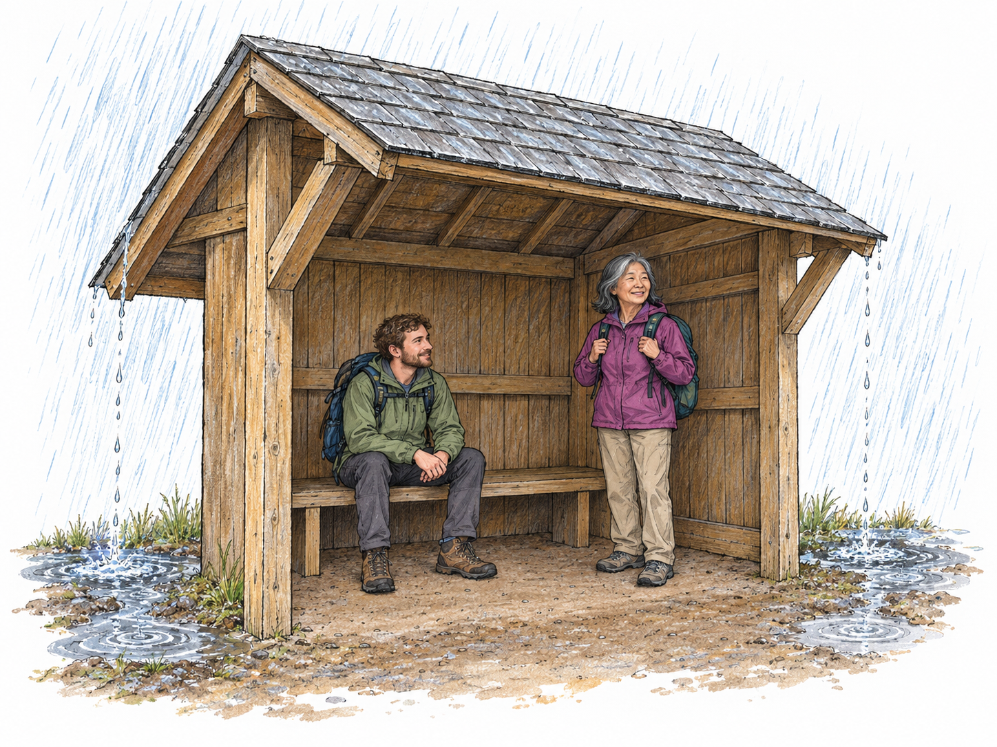 A small roofed trail shelter keeps two walkers dry while heavy rain falls outside.