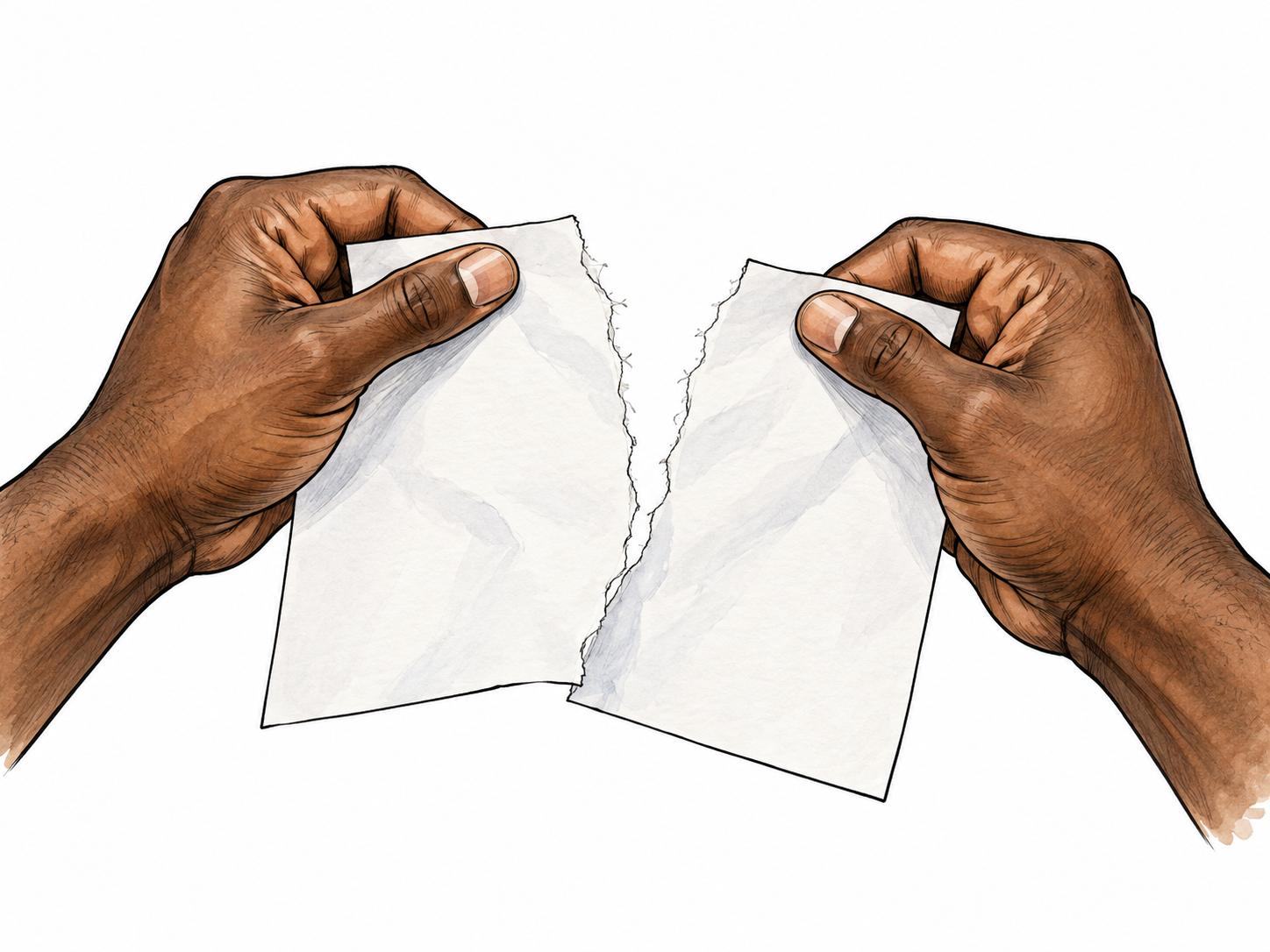 Two adult hands tear a plain sheet of paper into two pieces, separated halves and torn fibers clear.