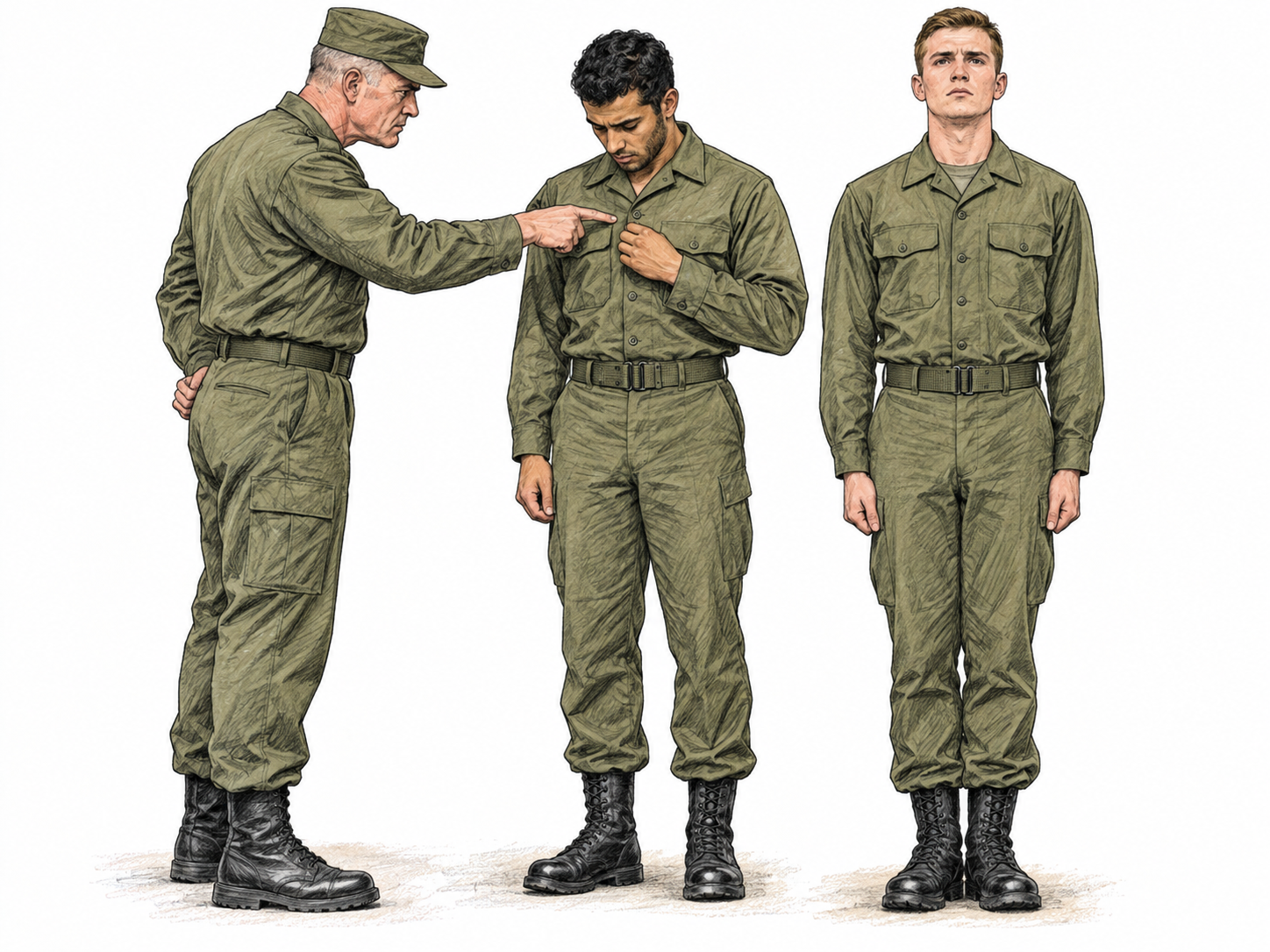 A severe drill instructor inspects a rigid recruit, pointing out a tiny misalignment of a uniform button while the recruit immediately straightens it.