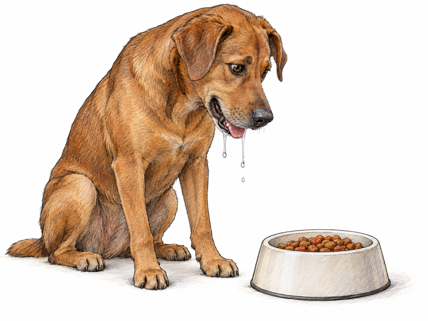 A healthy dog eagerly staring at a bowl of food, with clear strands of saliva hanging from its open mouth, makes the literal drooling sense visible.