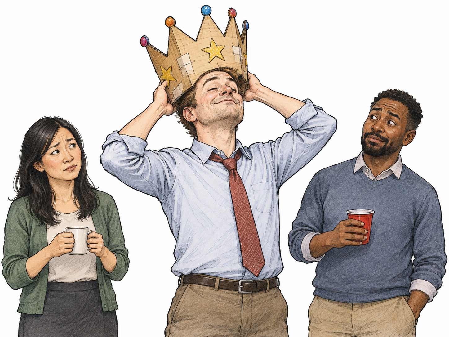 Adult in ordinary work clothes proudly places a homemade oversized cardboard crown on head at a small gathering, grand claim to status visibly unsupported.