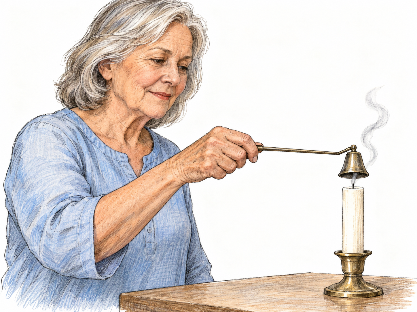 An older woman lowers a candle snuffer over a candle wick, with a thin curl of smoke escaping beneath the snuffer and no flame remaining.
