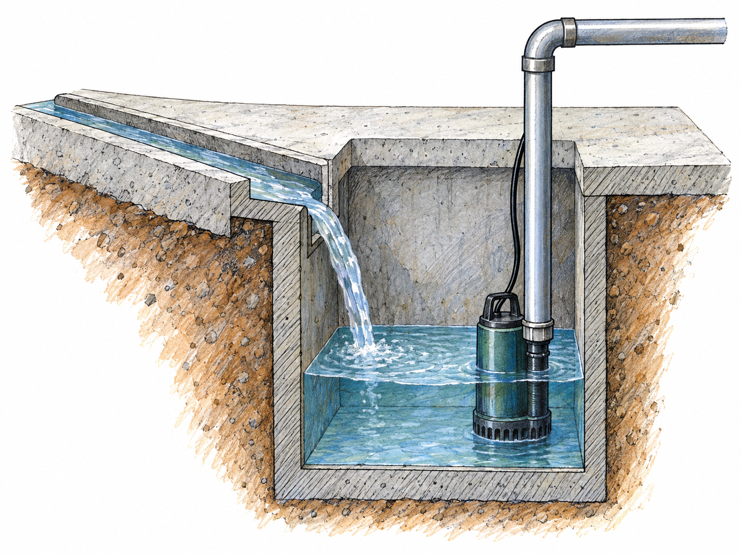 A simple cutaway of a drainage sump beneath a concrete floor: water from a sloping inlet channel collects in a recessed pit, with a small submersible pump and discharge pipe showing its drainage purpose.