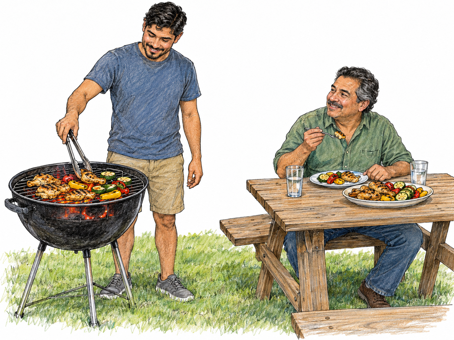 Two men share an outdoor barbecue: a young adult turns food over glowing coals while a middle-aged adult sits at a nearby picnic table with a plate of grilled food, making the outdoor meal—not just the grill—the focus.