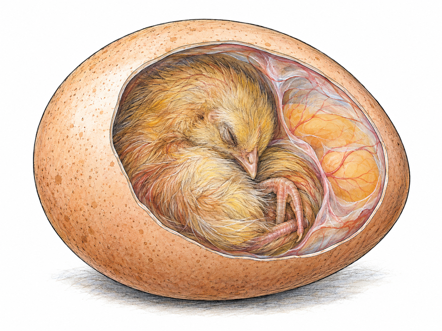 A naturalistic cutaway of an intact chicken egg reveals a developed chick still curled inside its shell, making its not-yet-born state visible.