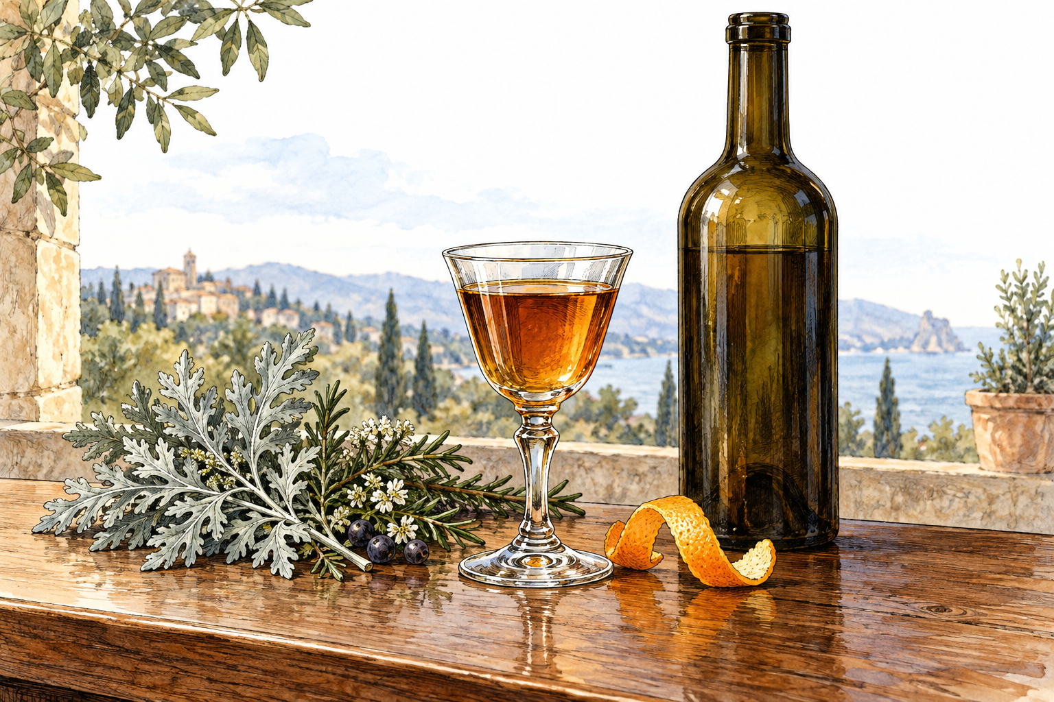 A small stemmed aperitif glass holding amber vermouth sits beside a plain unmarked wine bottle and a few aromatic botanical sprigs including silvery wormwood on a tasteful wooden bar.