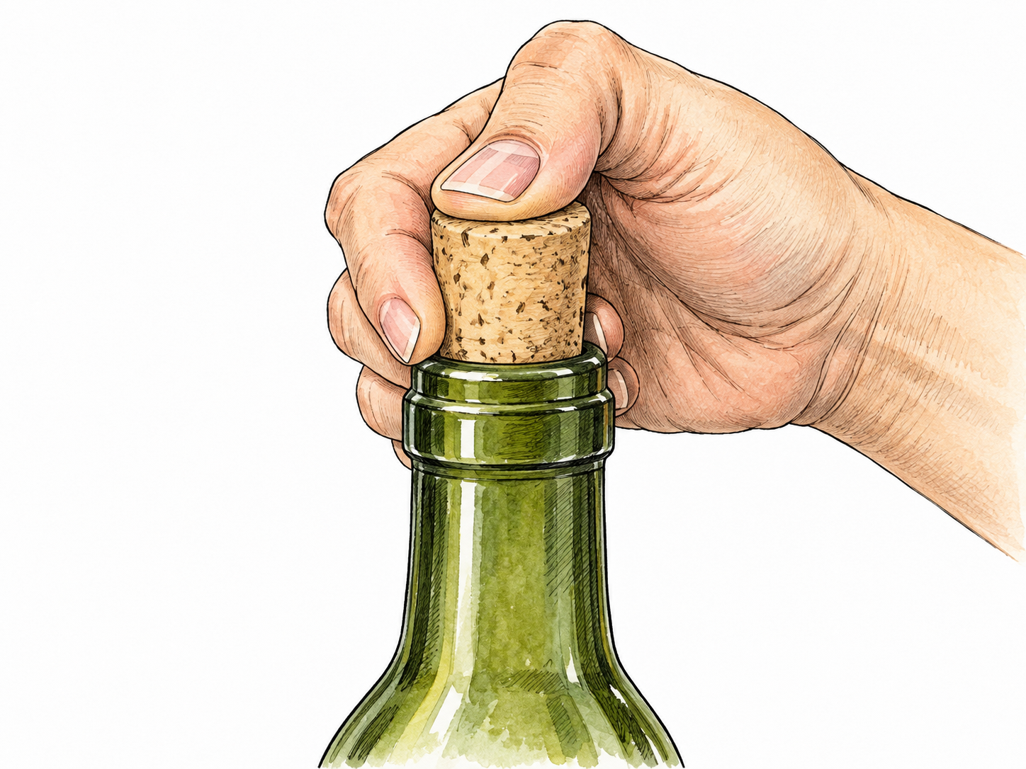 A cork is pressed firmly into bottle neck, visibly blocking the opening, closeup clear mechanics.