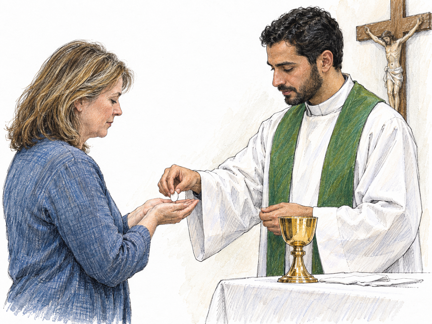 A Christian priest places a Communion wafer into a woman's open palm beside a chalice, making the relationship to a sacred Christian rite concrete and recognizable.