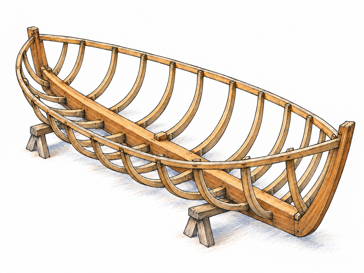 An unfinished wooden boat skeleton seen obliquely from above, exposing its substantial continuous bottom-center keel with curved ribs attached along it.