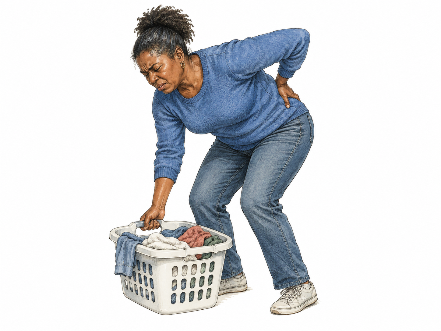 Person bends with acute back pain while trying to lift an ordinary laundry basket, one hand supports lower back.