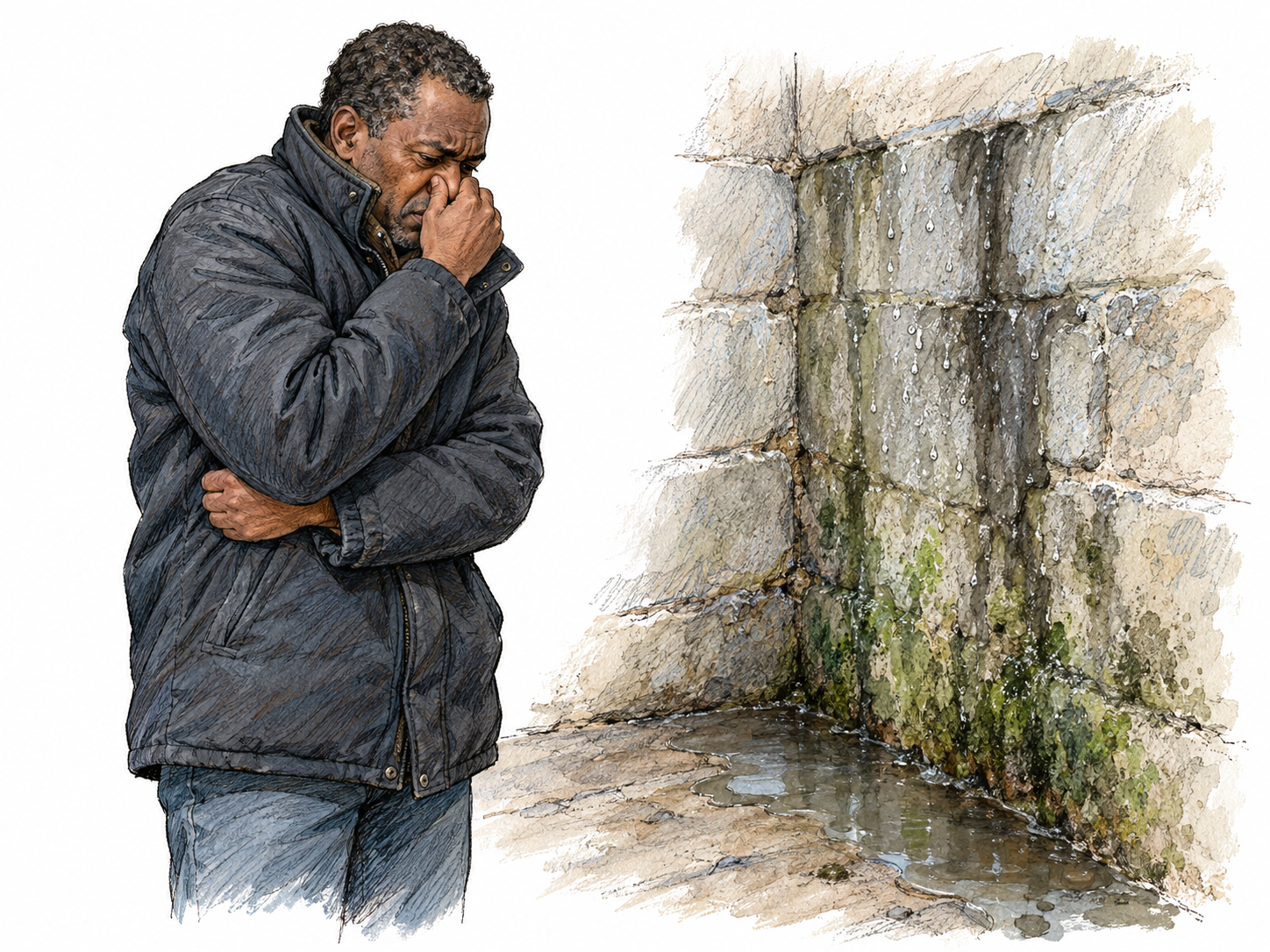 A cold, clammy cellar corner: moisture beads on stained masonry, water seeps into a shallow floor puddle, and mold mottles the base of the wall.