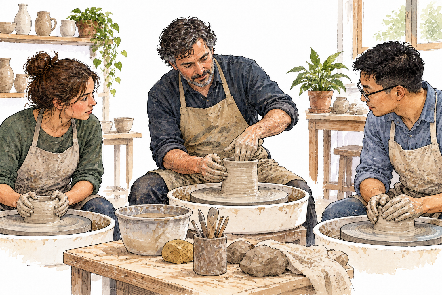 A modern adult learner taking part in a small practical pottery course with instructor demonstrating shaping clay, repeated class setting clear, no text.