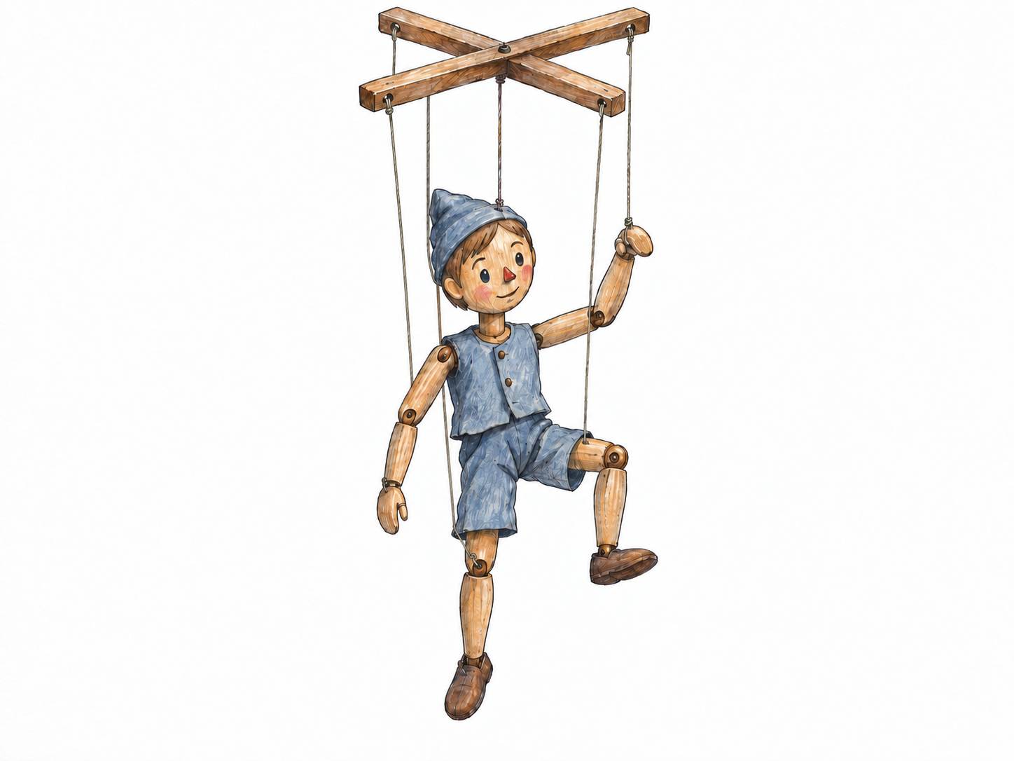 A single articulated wooden marionette hangs beneath a wooden crossbar, with taut strings visibly connecting the control to its head, wrists, and knees.