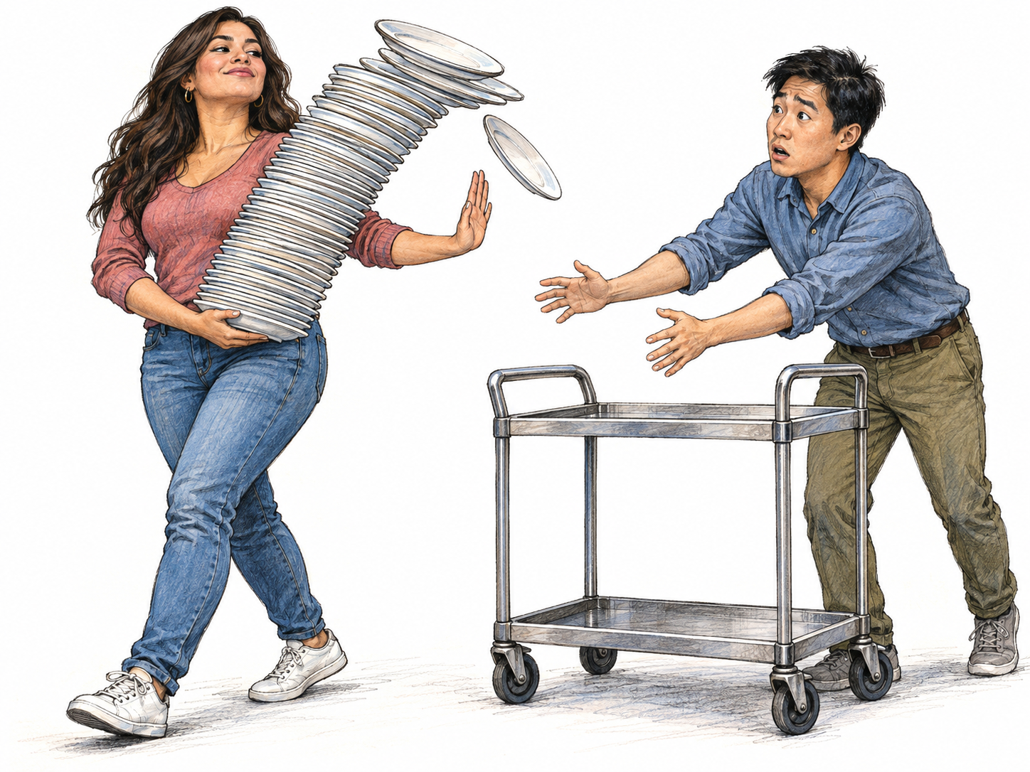 A smugly self-confident woman carries an absurdly high stack of ceramic plates, waving away a man's offered trolley as the stack tilts and its top plates begin to fall.