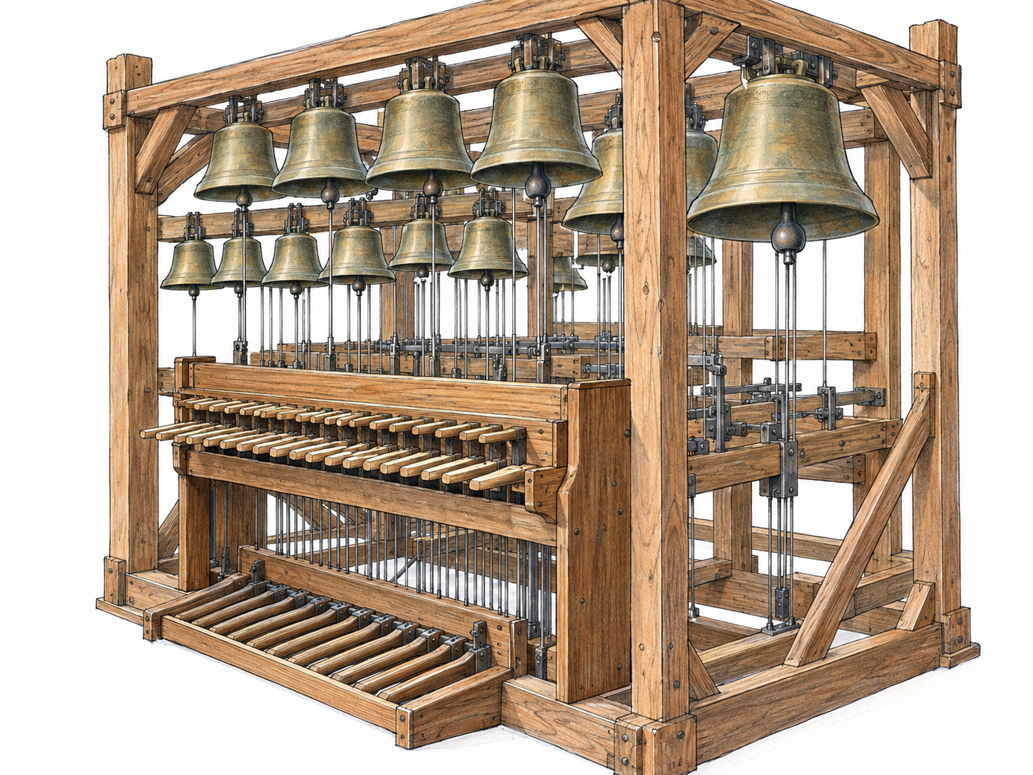 An isolated cutaway of a carillon shows graduated bronze bells connected by mechanical linkages to a wooden baton keyboard, making the playable bell set visible as one instrument.