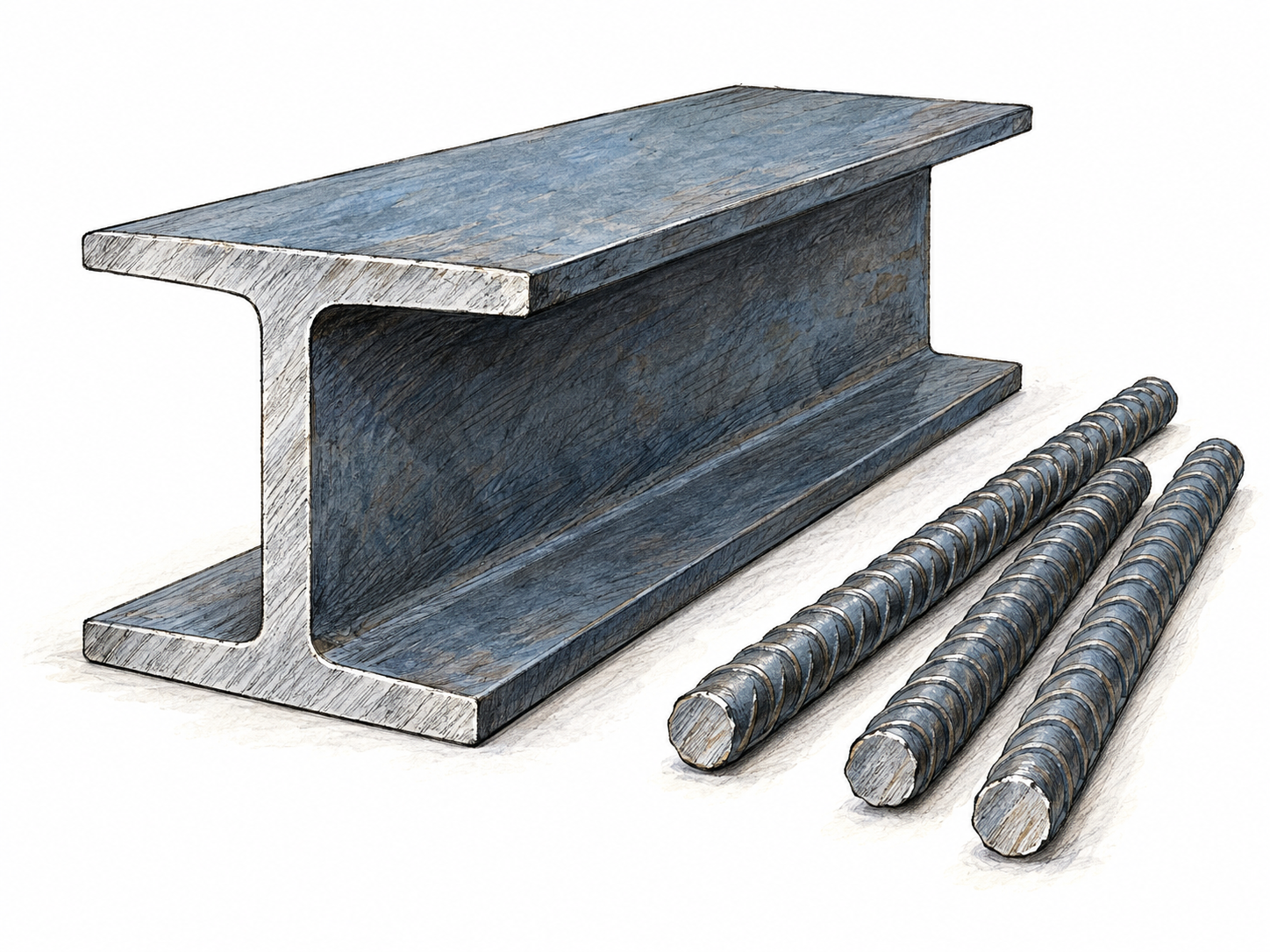 A compact still life of recognizable structural steel: a cut I-beam beside ribbed reinforcing bars, showing substantial sections and cool gray metallic surfaces.