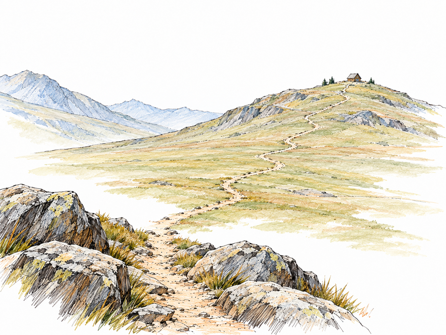 A tiny isolated cabin far across a broad mountain valley, with a long winding footpath emphasizing the great distance from the foreground.