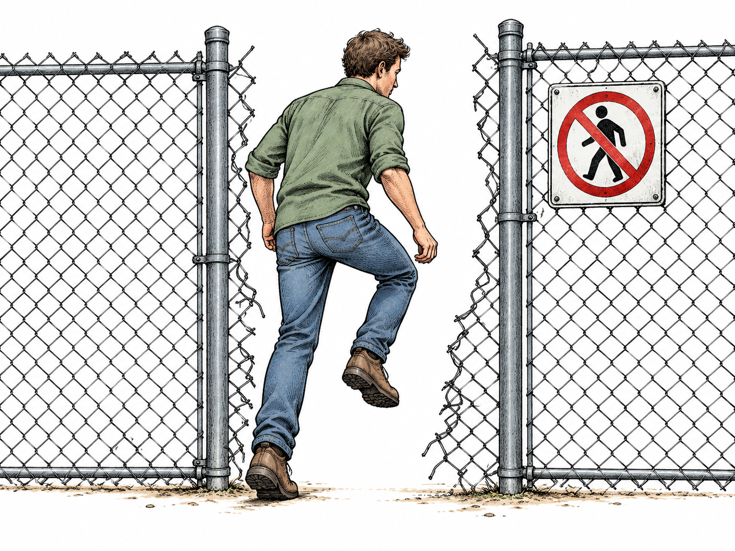 A visible gap in a fence barrier lets a person step into a protected area despite a small no-entry pictogram; clear barrier violation.