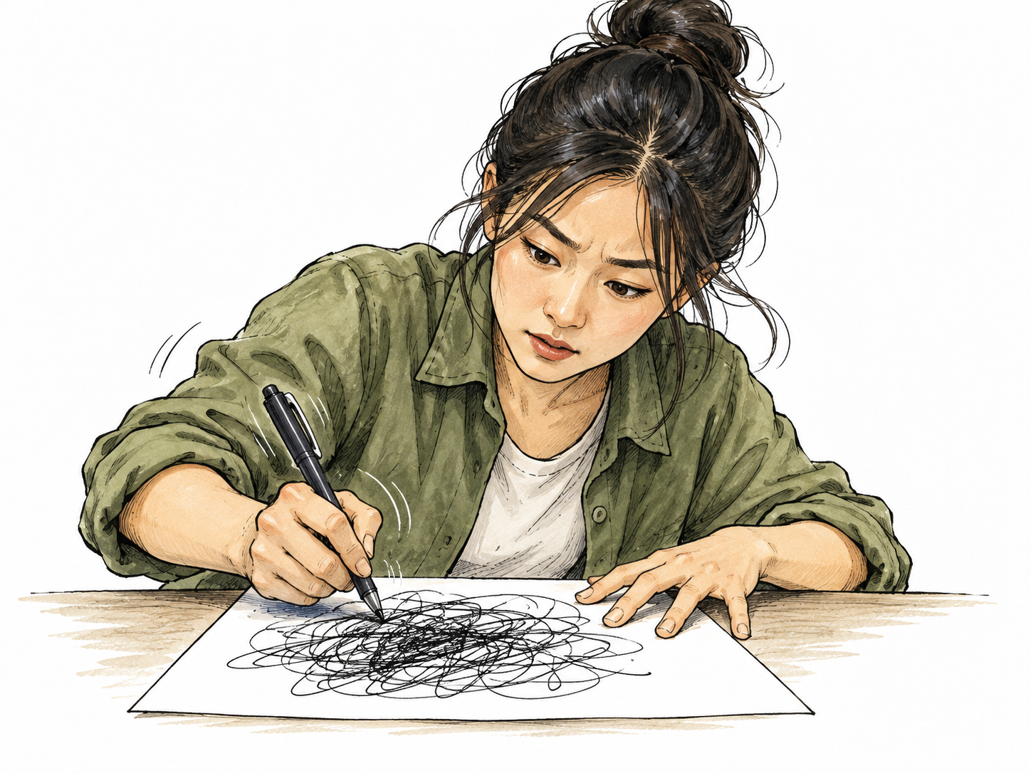 A young adult rapidly scribbles loose tangled pen marks onto a blank sheet, hurried movement, no legible words, no other writing.
