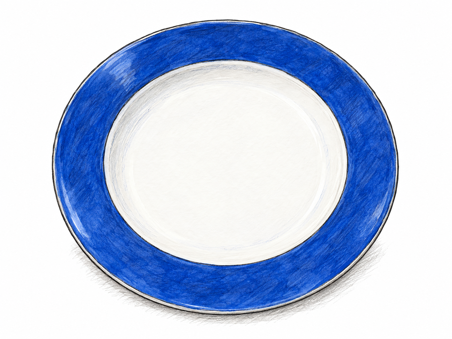 A shallow white ceramic plate with a broad cobalt-blue outer rim surrounding an uncolored central well, making the peripheral region visibly distinct from the center.
