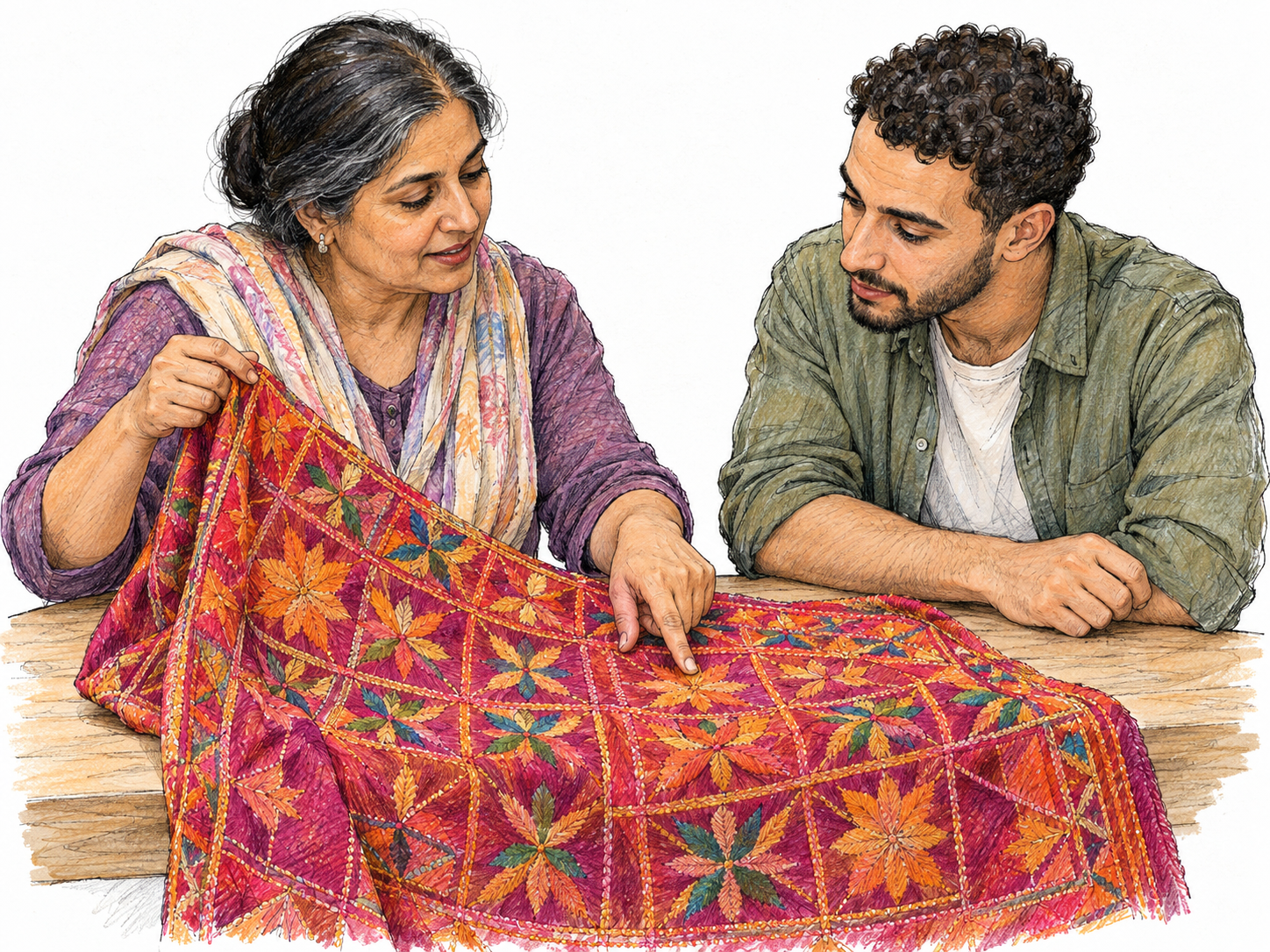 A South Asian woman shares a Punjabi phulkari embroidered textile with a visitor at a small contemporary community craft table, illustrating a connection to a group's shared cultural heritage rather than ethnicity as physical appearance.