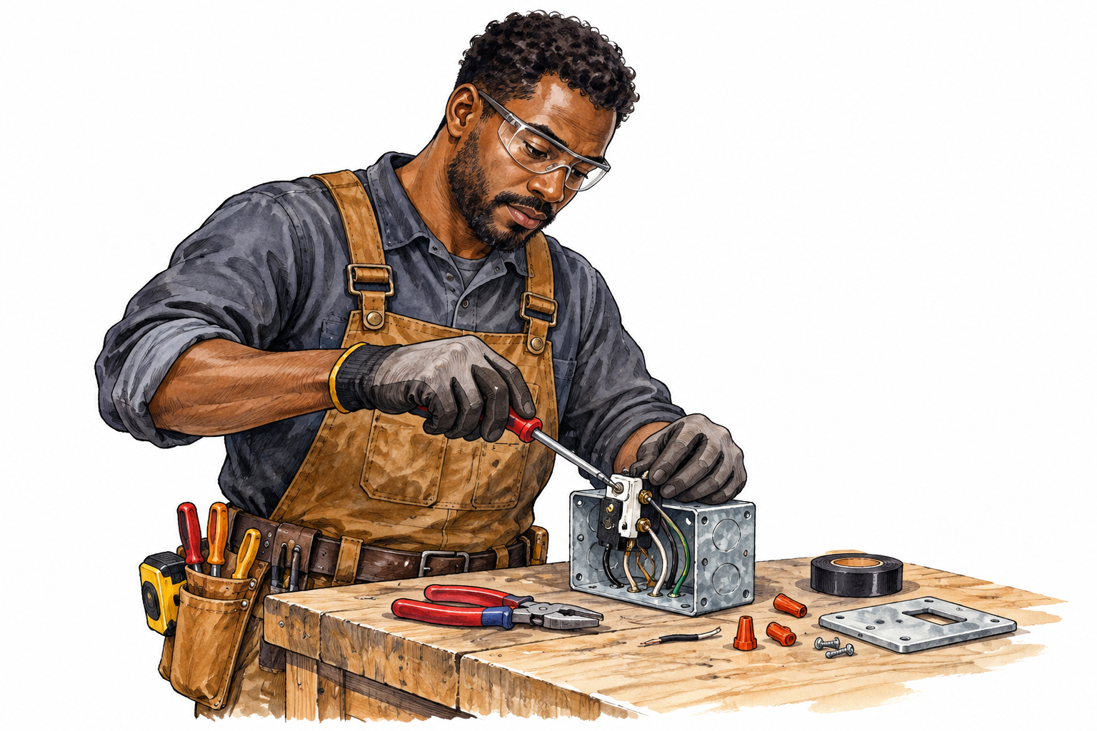 A Black electrician works carefully at an isolated disconnected workbench, showing a skilled occupation.