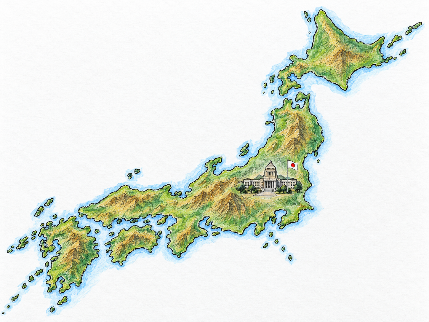 A raised map of Japan, with its national territory clearly outlined, its national flag, and a small recognizable National Diet Building physically placed on the main island: territory, national identity, and government shown together.