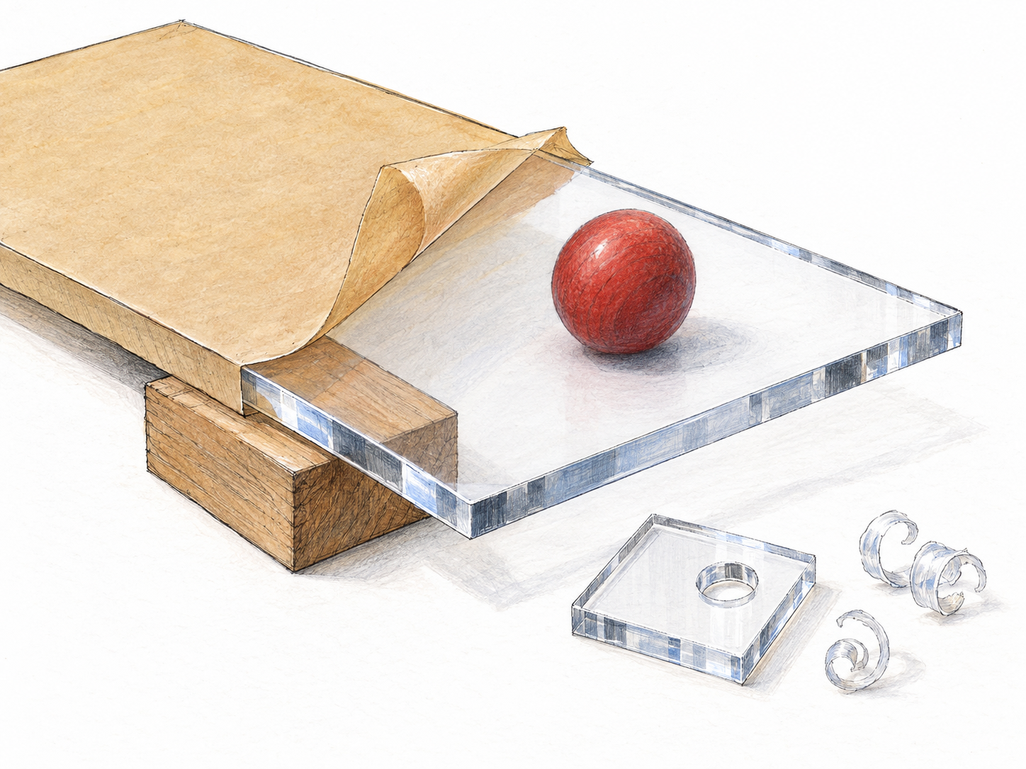A clear acrylic glazing sheet with a corner of its protective paper peeled back, accompanied by a drilled offcut and curled transparent machining shavings.
