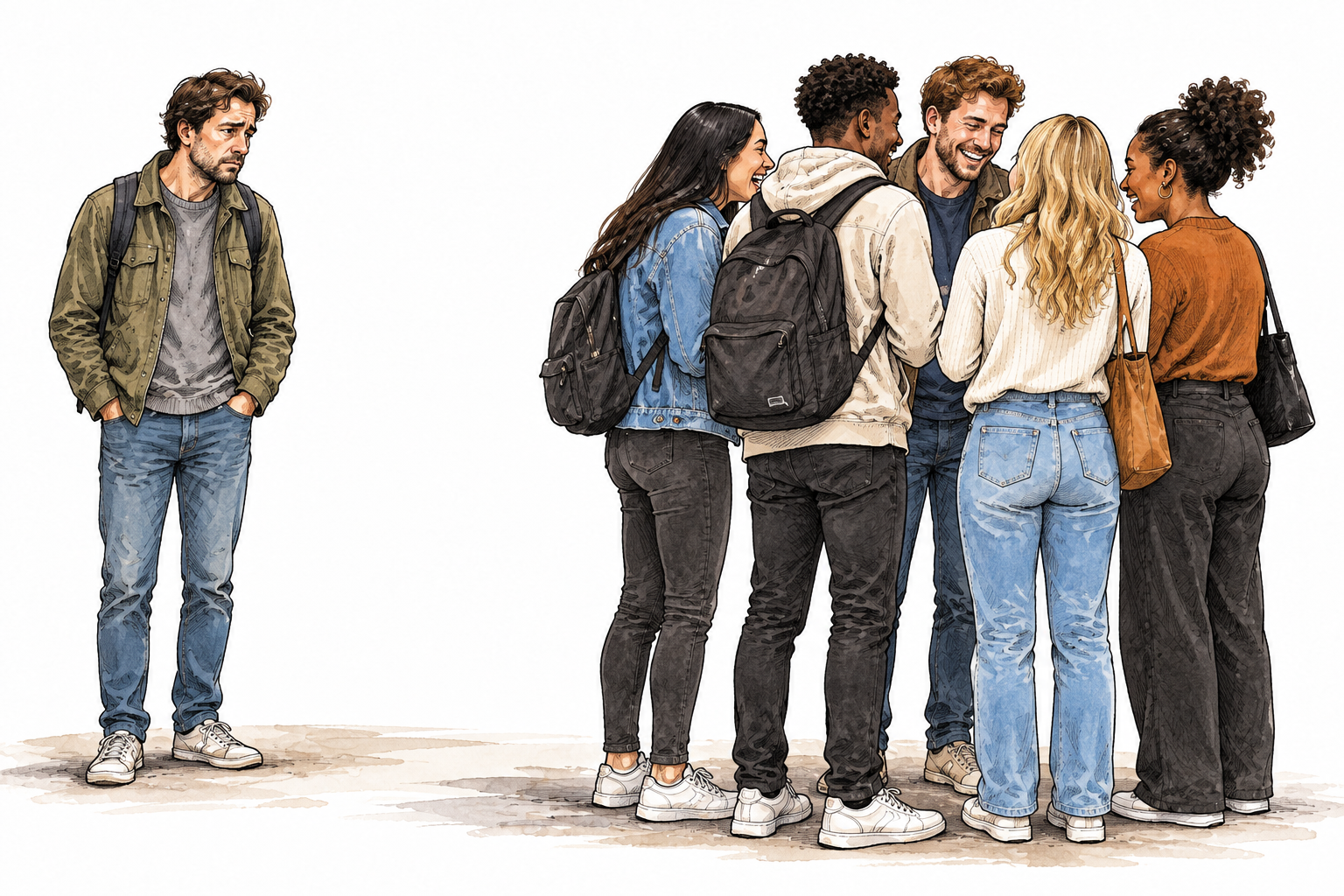 A modern social group deliberately turns away and closes its circle, excluding a lonely adult standing outside with hurt expression, clear intentional exclusion, no text.