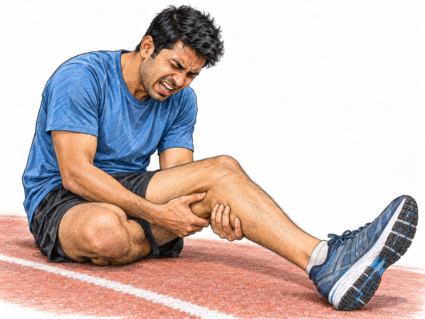 A runner has stopped with an intensely painful calf cramp, gripping the contracted muscle with both hands and visibly recoiling in agony.