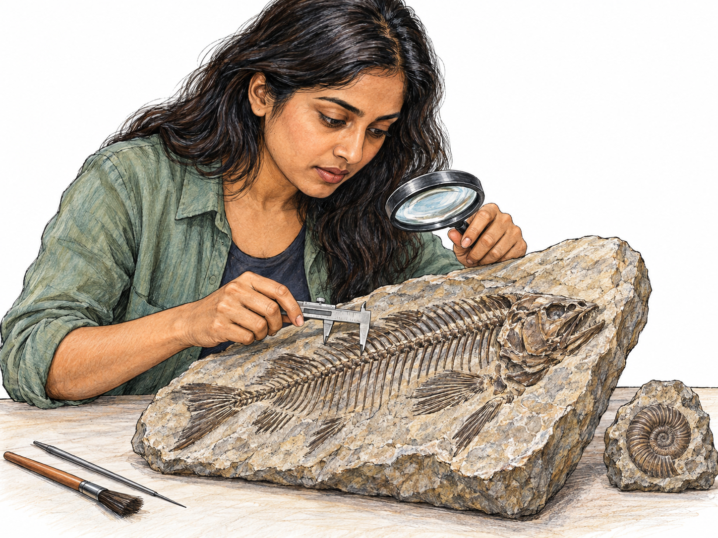 A paleontologist examines an articulated prehistoric fish fossil embedded in stone through a magnifying lens while measuring its skeleton with calipers.
