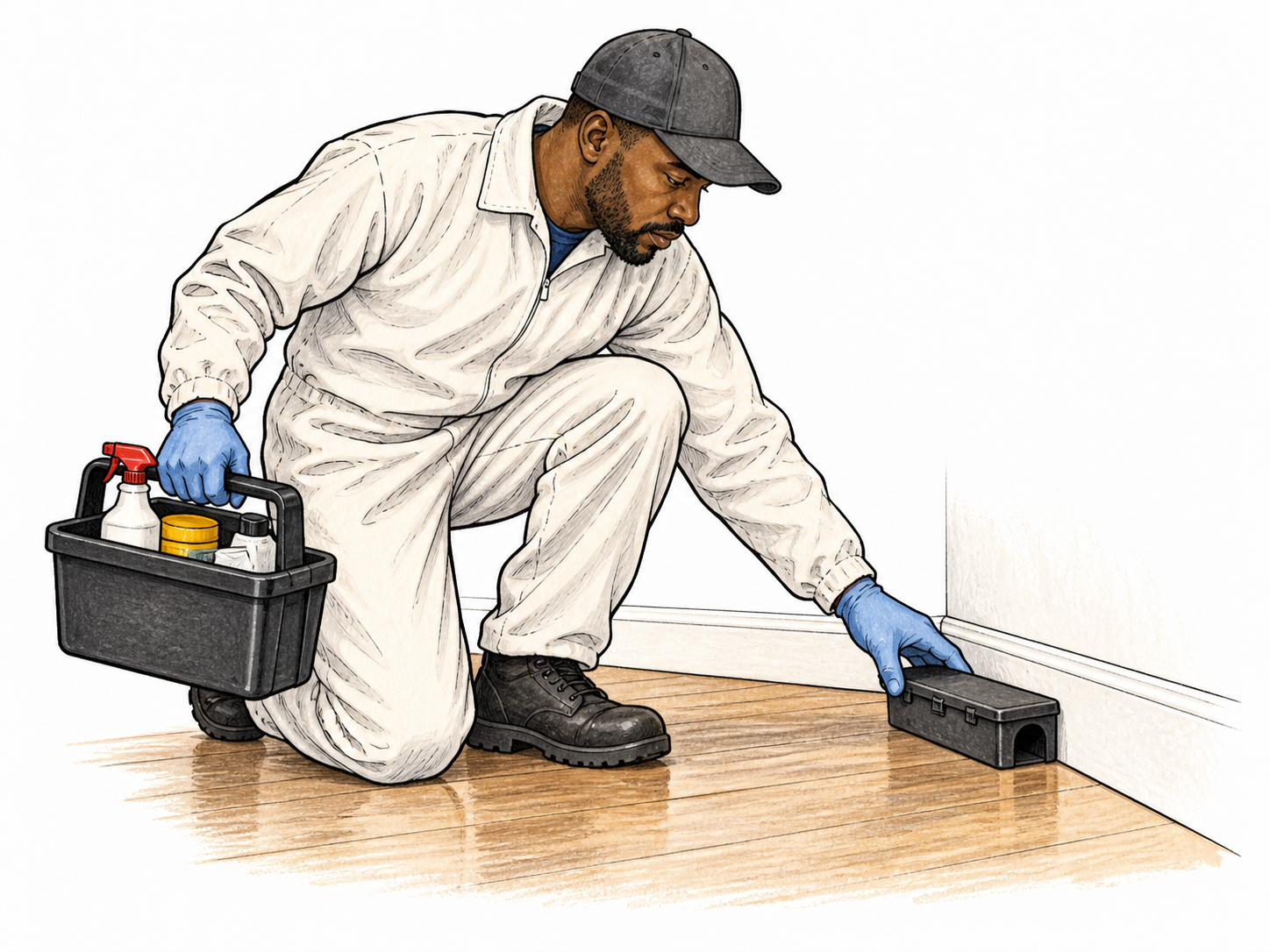 A professional pest exterminator in clean plain protective work clothes sets a closed pest trap along a household baseboard, carrying unbranded treatment kit.