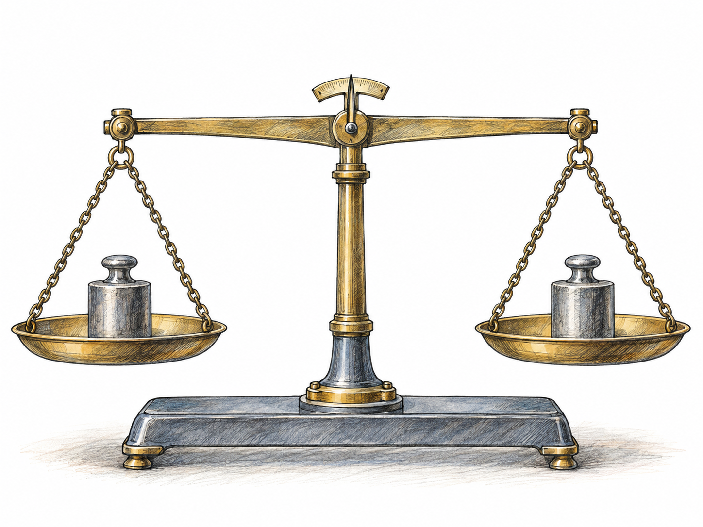 A well-maintained two-pan balance scale stands in perfect equilibrium, its beam horizontal and matching weights resting in level pans, making proper balance visible.
